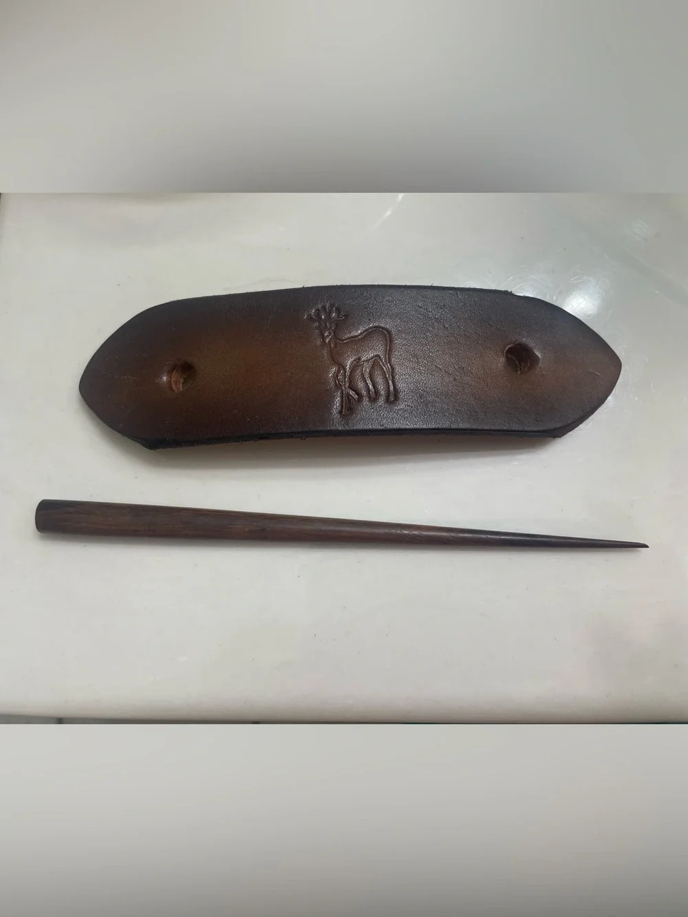 Brown Leather Hair Stick Set with Deer Embossing